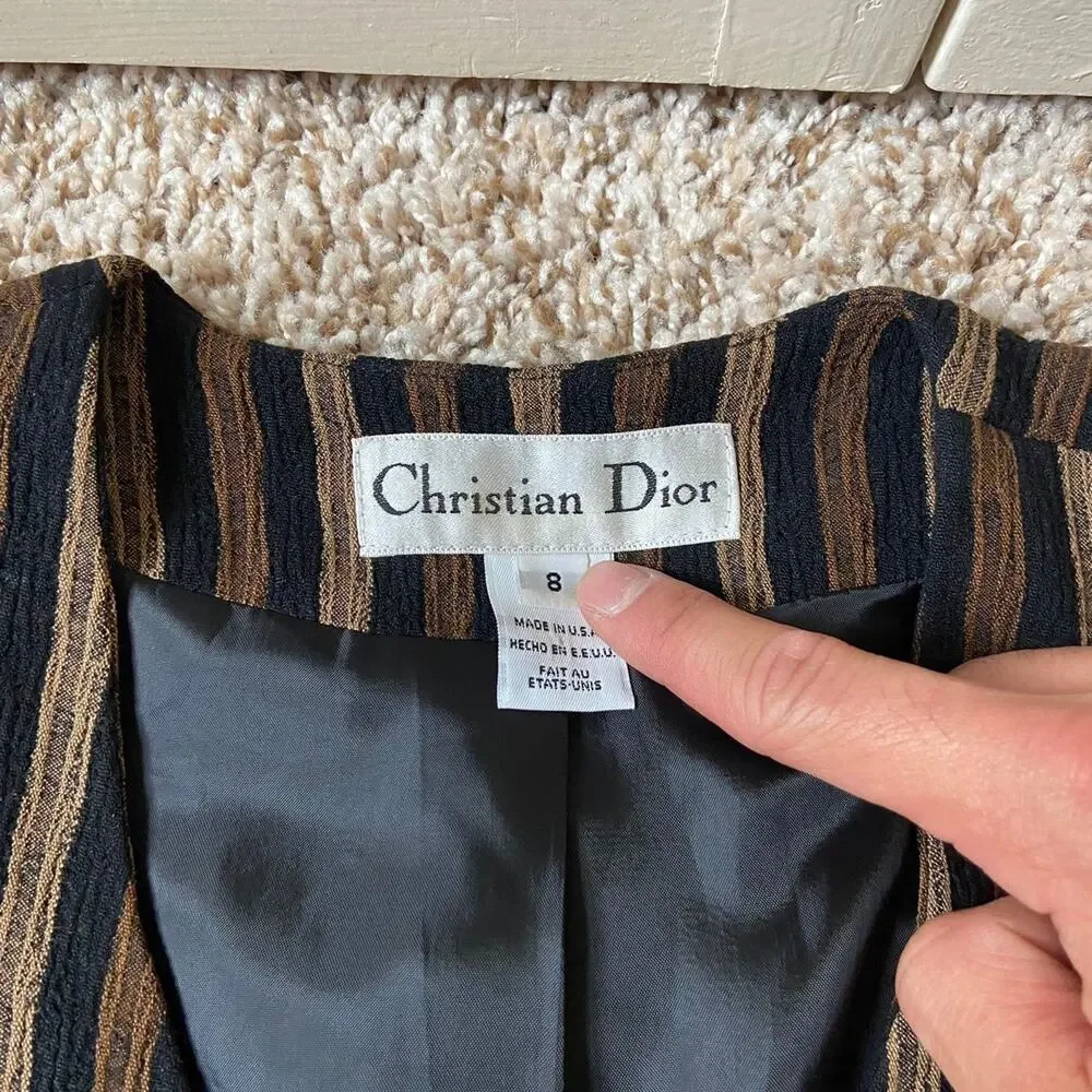 Vintage Christian Dior USA Brown Black Striped Two Piece Blazer Skirt Set Size 8